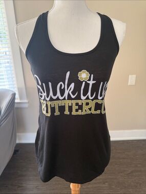 Buttercup Black Graphic Scoop Tank — Yellow & White Logo